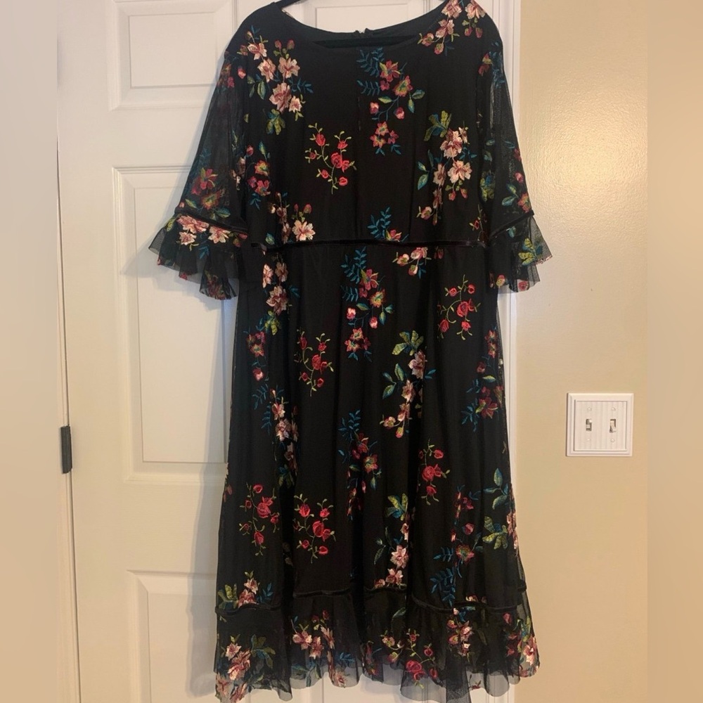 Kiyonna Black Floral Midi Dress with Pink & Green Accents